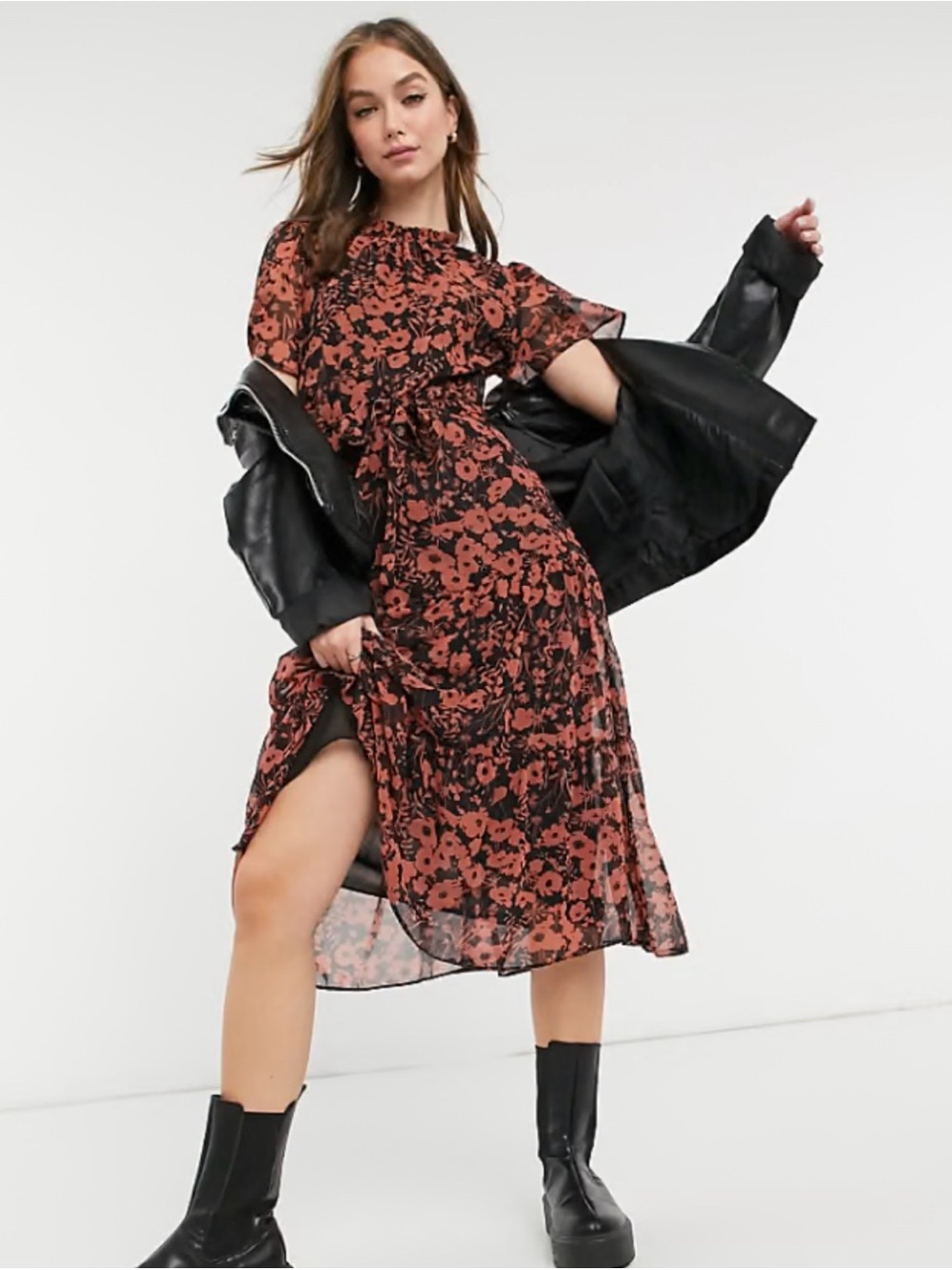 ASOS Rust Floral Tiered Midi Dress on Black
